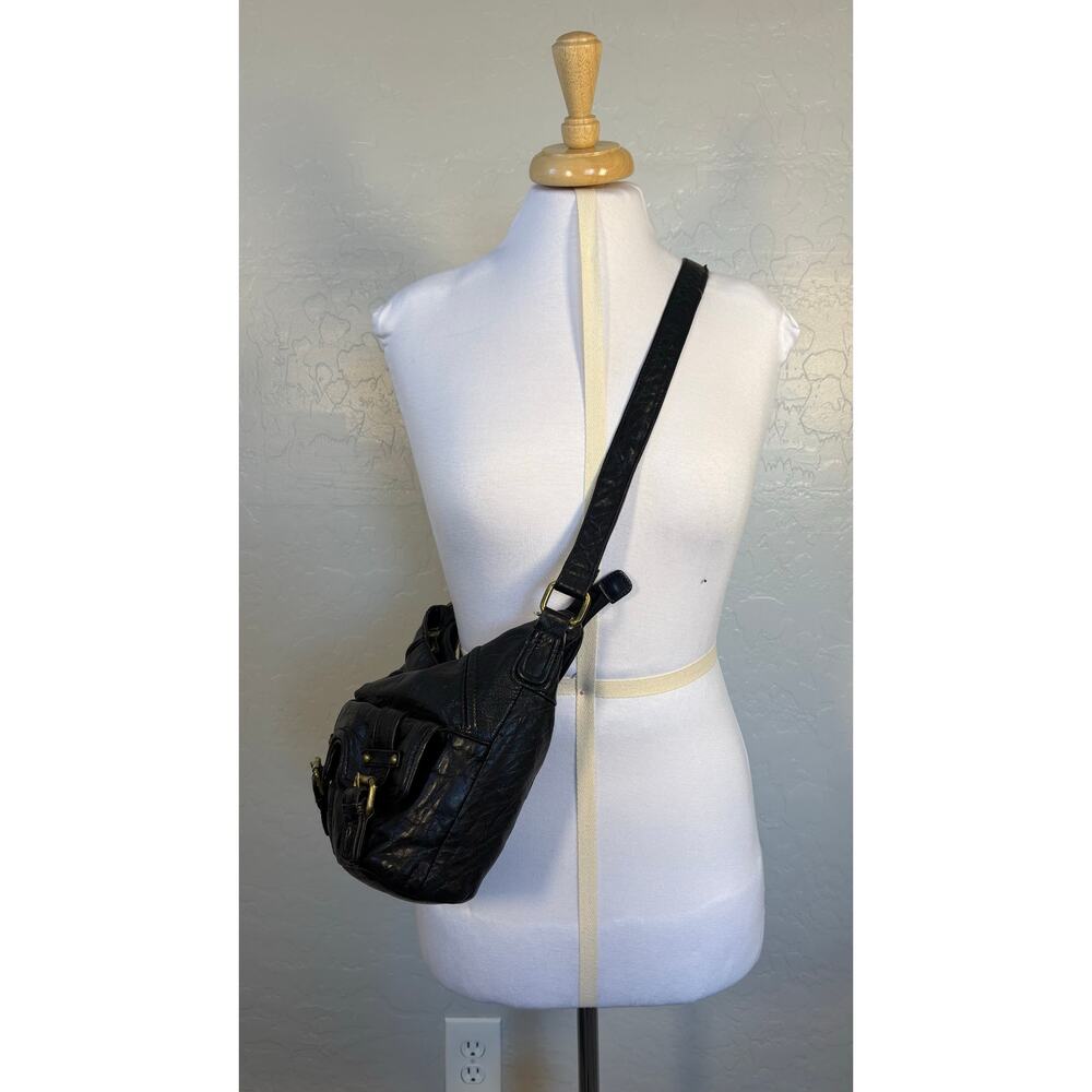 Stone Mountain Black Leather Slouch Hobo Crossbody Boho Moto Bag - Picture 2 of 16